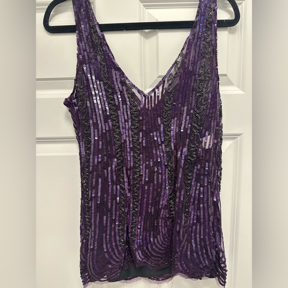 Alberta Perretti sleeveless purple and black sequin and beaded top. Size 10